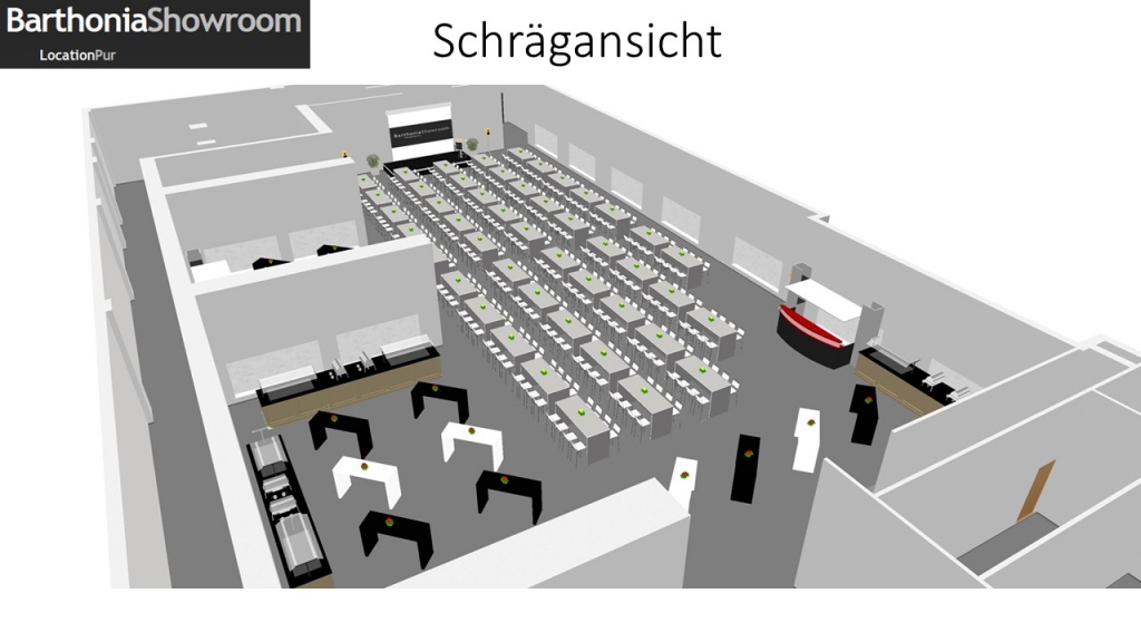 Schrägansicht_Bestuhlung mit Stehtischen_Barthonia_Showroom_27.04.2015